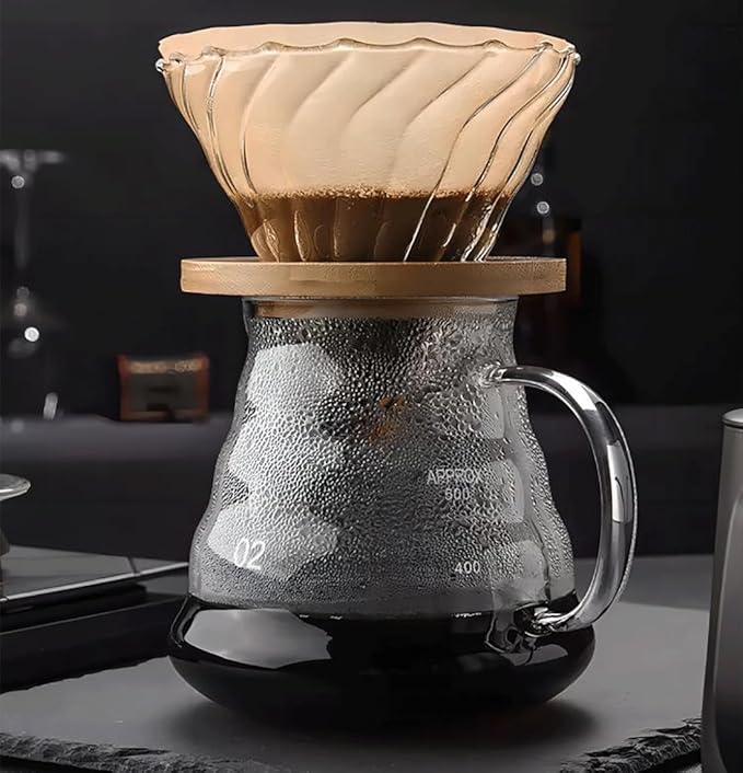 Glass Coffee Dripper/Filter - Glass Pour Over Coffee Cone with Bamboo Stand, Drip Coffee Maker Funnel Accessories for Home or Office, 1-5 Cups