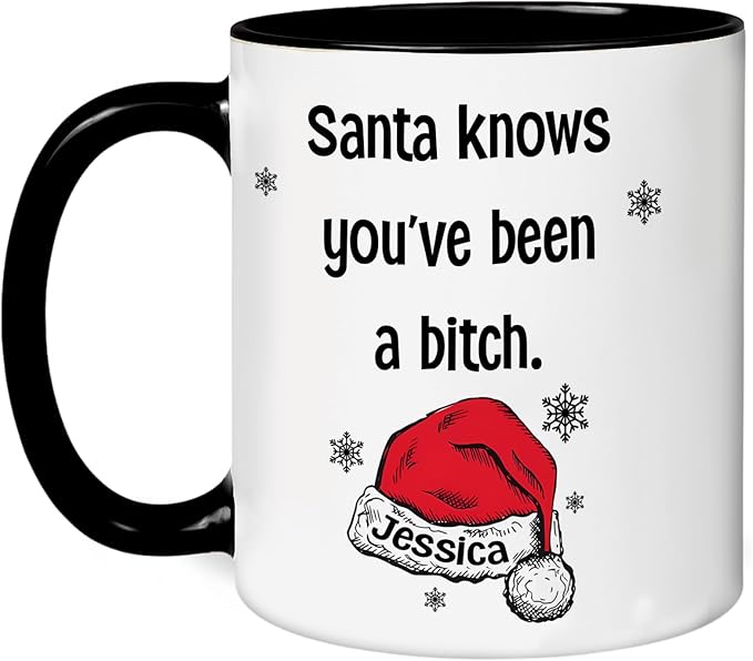 Personalized Funny Christmas Hot Cocoa Mug – Custom Naughty Santa Coffee Cup with Hilarious Quote – Unique White Elephant Exchange Present, Gag Gift for Friends, Holiday Ceramic Mug