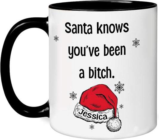 Personalized Funny Christmas Hot Cocoa Mug – Custom Naughty Santa Coffee Cup with Hilarious Quote – Unique White Elephant Exchange Present, Gag Gift for Friends, Holiday Ceramic Mug
