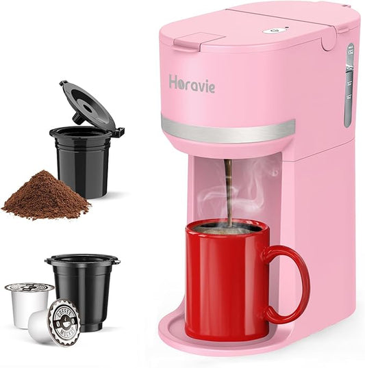 Mini Single Serve Coffee Maker for K Cup and Ground Coffee, Fast Brew One Cup Coffee Machine with Descaling Reminder and Water Window, 6 to 12 oz. Brew Sizes, Pink