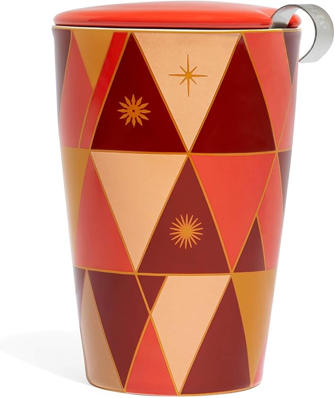 Tea Forte Double-Walled Ceramic Kati Cup, Removable Stainless Steel Infuser Basket and Lid, Steeps 12 oz Loose Leaf Tea, Dishwasher & Microwave Safe, Warming Joy