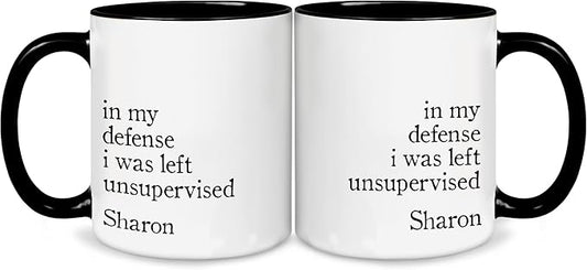 Personalized Funny Coffee Mug – Custom Name Cup with Hilarious Quote “In My Defense I Was Left Unsupervised” – Unique Gag Gift, White Elephant Christmas Cup