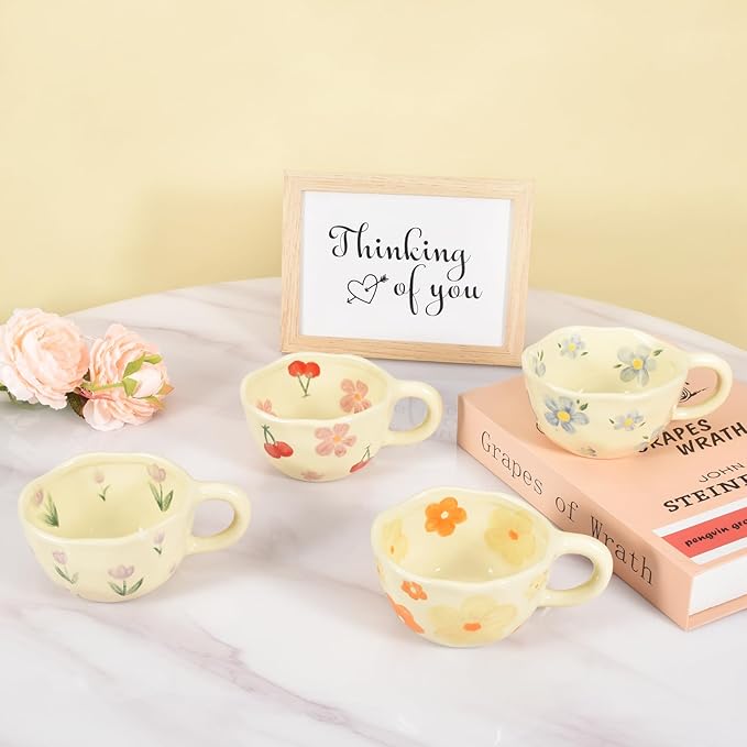 Koythin 4-Piece Ceramic Coffee Mugs, Creative Flower Mug for Office and Home, 8.5 oz/250 ml for Latte Tea Milk (Blue Flower, Orange Flower, Pink Cherry, Purple Tulip)