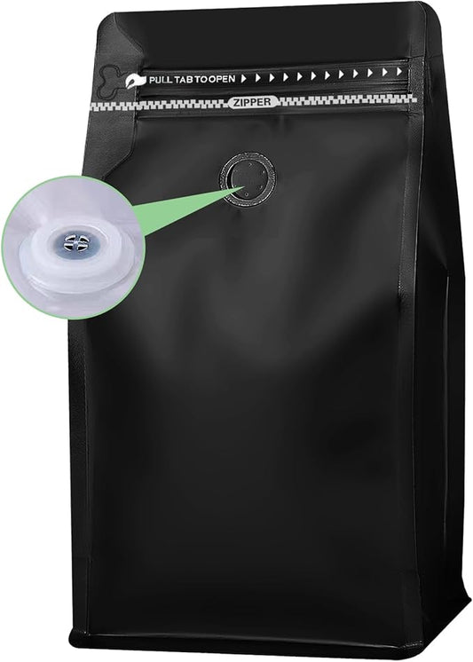 Coffee Bags with Valve(50pcs,12 oz,3/4 lb) balck High Barrier Aluminumed Foil Flat Bottom Standing Coffee Beans Storage Bags,Reusable Heat Sealable Side Zipper Pouches for Home or Store