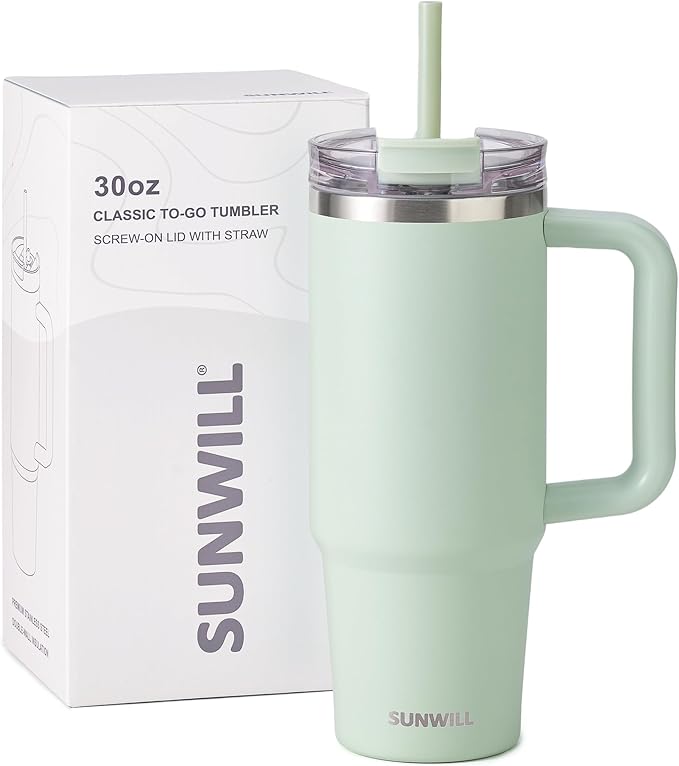 SUNWILL Coffee Tumbler with Handle, 30 oz Travel Mug with Lid and Straw Insulated, Stainless Steel Cup Leak Proof for Travel & Outdoor, Cupholder Friendly, Powder Coated Matcha Cream