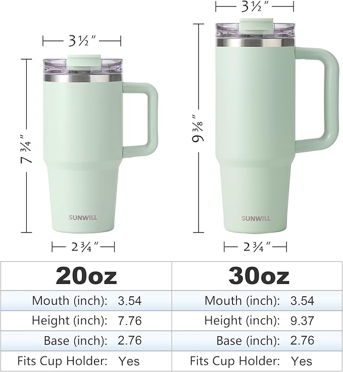 SUNWILL Travel Coffee Mug with Lid, 20 oz Tumbler with Handle and Straw Leak Proof, Stainless Steel Cup Insulated for Office & Gym, Cupholder Friendly, Powder Coated Matcha Cream