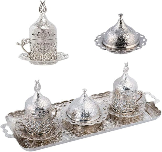 Alisveristime Turkish Coffee Set for Two - Authentic Ottoman Style Cups, Saucers, and Serving Tray with Lale Motifs (Acur) (Silver)