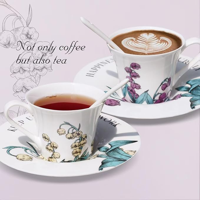 Tea Cup Set With 2 Tea Cups 2 Saucers And 2 Spoon 7 OZ Espresso Coffee Mug Vintage Creativetea Teacup And Saucer Set For Coffee,Tea,Latte, Cappuccino