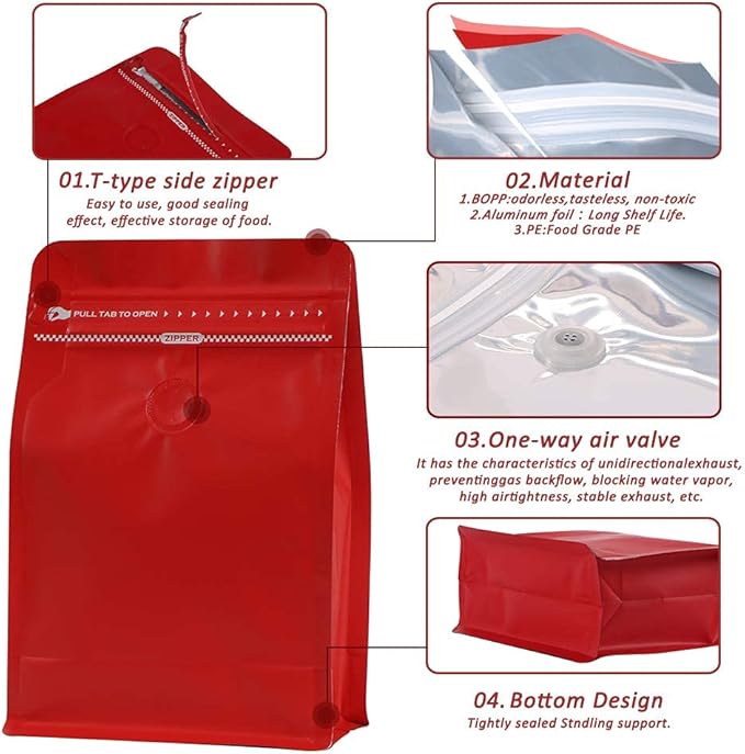 Coffee Bags with Valve (50pcs,8oz) Red High Barrier Aluminumed Foil Flat Bottom Standing Coffee Beans Storage Bags,Reusable Heat Sealable Side Zipper Pouches for Home or Store