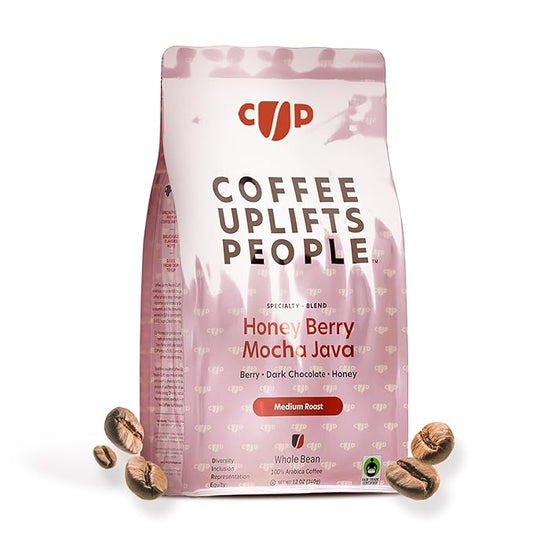 Coffee Uplifts People Honey Berry Mocha Java - Whole Bean Coffee Medium Roast - Sumatra & Ethiopian Specialty Grade Coffee Beans, 100% Arabica Coffee, Fair Trade - Berry, Chocolate & Honey Notes -12oz