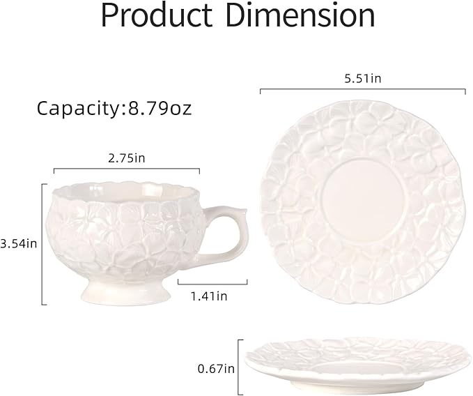 KAMMAK Tea Cups and Saucers Set of 2, Porcelain Coffee Cups, 8.5-Ounce Stackable Espresso Mugs, Ceramic Demitasse for Coffee, Latte, Americano, Tea, White Flower