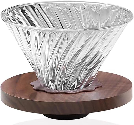 Upgrade Glass Coffee Dripper/Filter - Glass Pour Over Coffee Cone with Walnut Stand with Holder, Drip Coffee Maker Funnel Accessories for Home or Office, 1-5 Cups