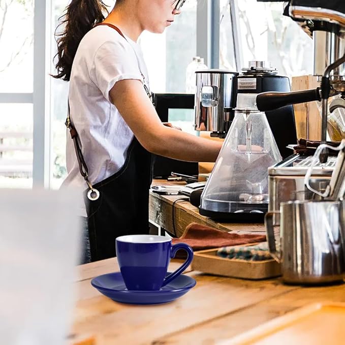 homEdge Porcelain Espresso Shot Cup Set with Saucers and Stainless Steel Spoons - 80 ml / 2.67 oz, Set of 4, Navy