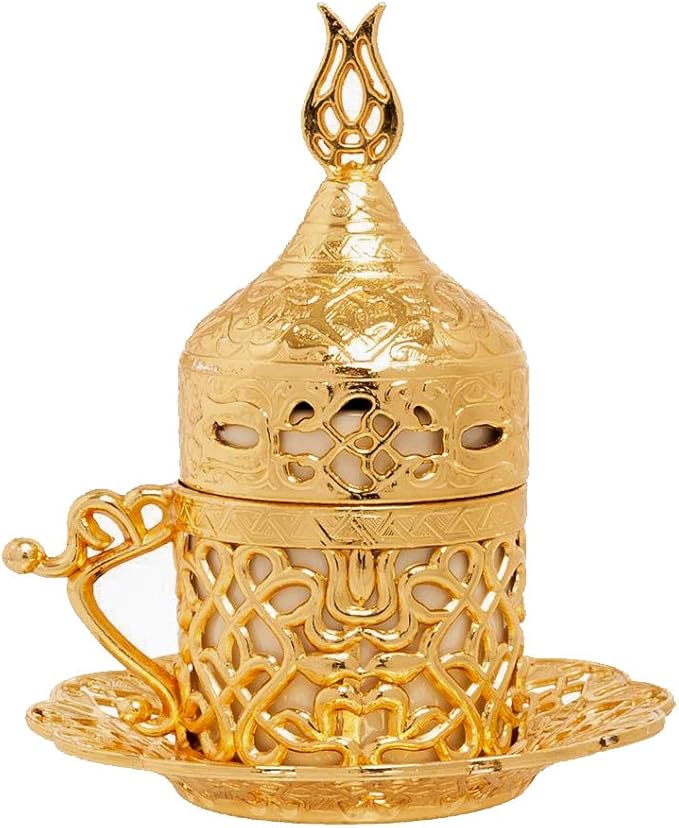 Alisveristime Turkish Coffee Set for Two - Authentic Ottoman Style Cups, Saucers, and Serving Tray with Lale Motifs (Acur) (Gold)