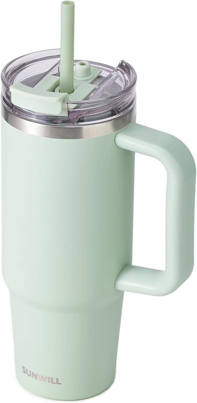 SUNWILL Coffee Tumbler with Handle, 30 oz Travel Mug with Lid and Straw Insulated, Stainless Steel Cup Leak Proof for Travel & Outdoor, Cupholder Friendly, Powder Coated Matcha Cream
