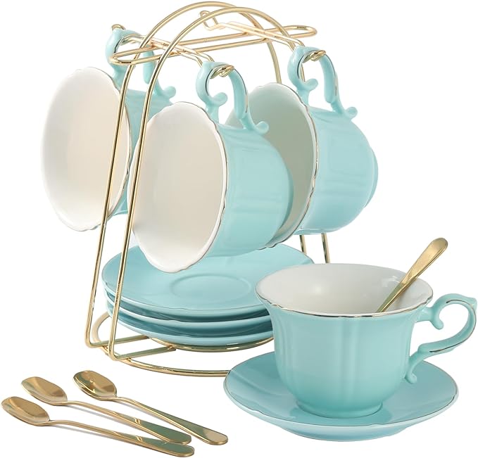 DUJUST Tea Cups and Saucers Set of 4 (8 OZ), Nile Blue Tea Cup Set with Golden Trim, Petal Edge Coffee Cups with Metal Stand, Simple Style Porcelain Tea Party Set - Light Green