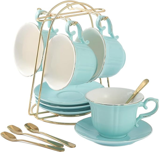 DUJUST Tea Cups and Saucers Set of 4 (8 OZ), Nile Blue Tea Cup Set with Golden Trim, Petal Edge Coffee Cups with Metal Stand, Simple Style Porcelain Tea Party Set - Light Green