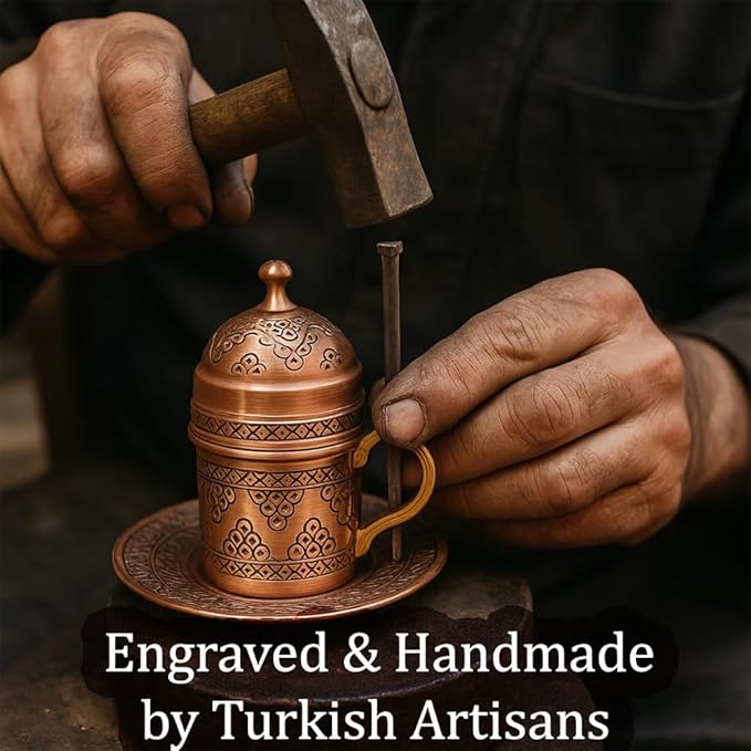 Pure Copper Turkish Arabic Greek Moroccan Coffee Espresso Cup and Saucer Set of 2 Lid Mug Inner Porcelain Serving Drinking Drink Gift Mini Small Fancy Antique Handmade for Home Vintage Unique