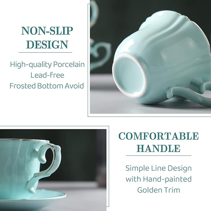 DUJUST Tea Cups and Saucers Set of 4 (8 OZ), Nile Blue Tea Cup Set with Golden Trim, Petal Edge Coffee Cups with Metal Stand, Simple Style Porcelain Tea Party Set - Light Green
