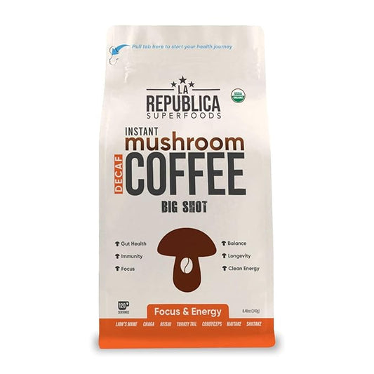 La Republica Big Shot Decaf Instant Mushroom Coffee Organic (120 Servings) with Lion's Mane, Reishi, Chaga, Cordyceps, Maitake, Turkey Tail
