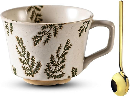 Coffee Mug 4 with Gold Spoon, 11 oz Porcelain Mug, Ancient Style Hand-painted Mug for Men Women, Dishwasher Microwave Safe W006-Green Leaf