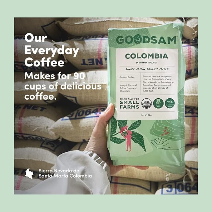 GoodSAM - Organic Colombian Ground Coffee, Medium Roast 2lb – Single Origin Arabica Beans, Smooth & Balanced Flavor - Supporting Small Family Farmers, Regenerative & Direct Trade