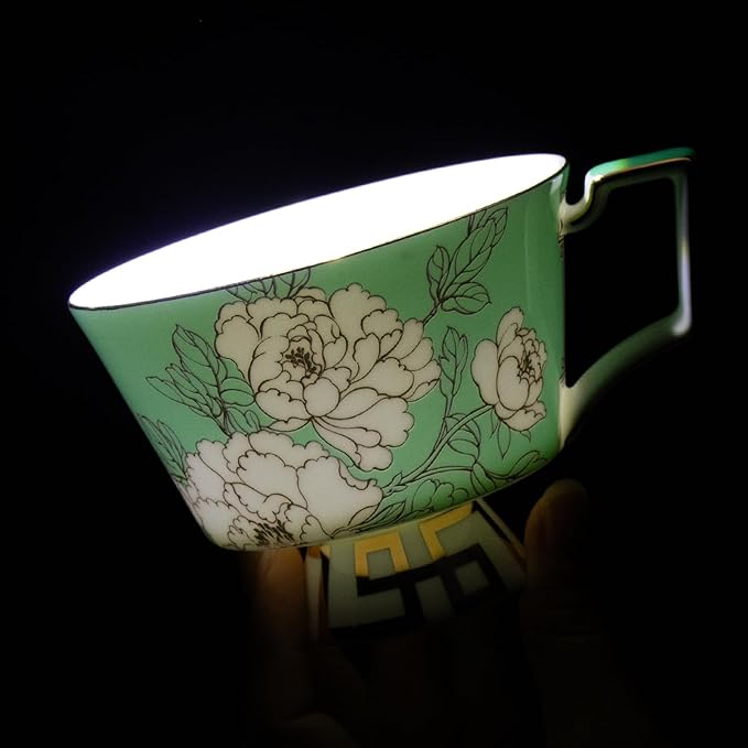 KAMMAK Ceramic Coffee Cups Saucers Set of 2, Porcelain Espresso Cups with Saucers, 8.12 oz Handcrafted Elegant Bone China Tea Cups, Peony Flower Pattern Teacup for Party, Office, Women Gift