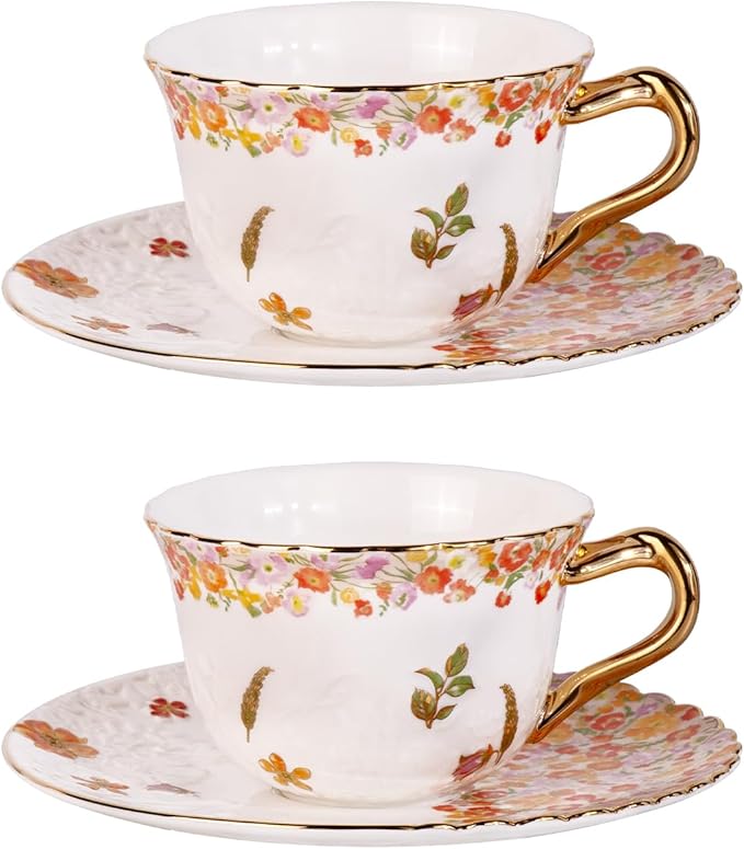 KAMMAK Tea Cups and Saucers Set of 2, Reinforced Porcelain Coffee Cups, 8.5-Ounce Stackable Espresso Mugs, Ceramic Demitasse for Coffee, Cappuccino, Latte, Americano, Tea, Secret Flourish