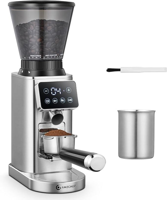 AMZCHEF Coffee Grinder, Coffee Bean Grinder for Home Use with Precise Grinding, LED Control Panel, Detachable Funnel Stand, Anti-static Design, 24 Grind Settings, Silver