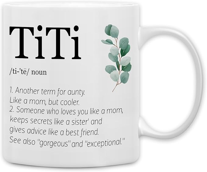 QASHWEY Titi Gifts Coffee Mug, Titi Aunt Auntie Gifts from Nephew Niece, AuntMug, Mothers Day Christmas Mug Tea Cup Gifts for Titi Aunt Auntie, TitiDefinition Coffee Cups Ceramic 11oz