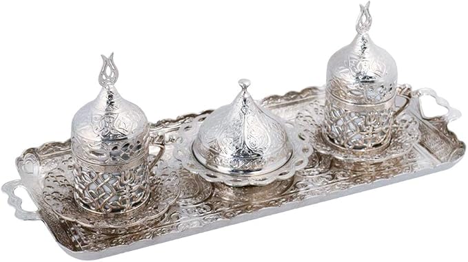 Alisveristime Turkish Coffee Set for Two - Authentic Ottoman Style Cups, Saucers, and Serving Tray with Lale Motifs (Acur) (Silver)