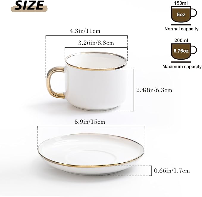 Tea Cups and Saucers with Gold Trim, 6.76 Ounce White Porcelain Tea Set & Coffee Cups for Latte, Cafe Mocha, Tea-Set of 4,Porcelain Mugs for Kitchen or Cafe(white and gold)