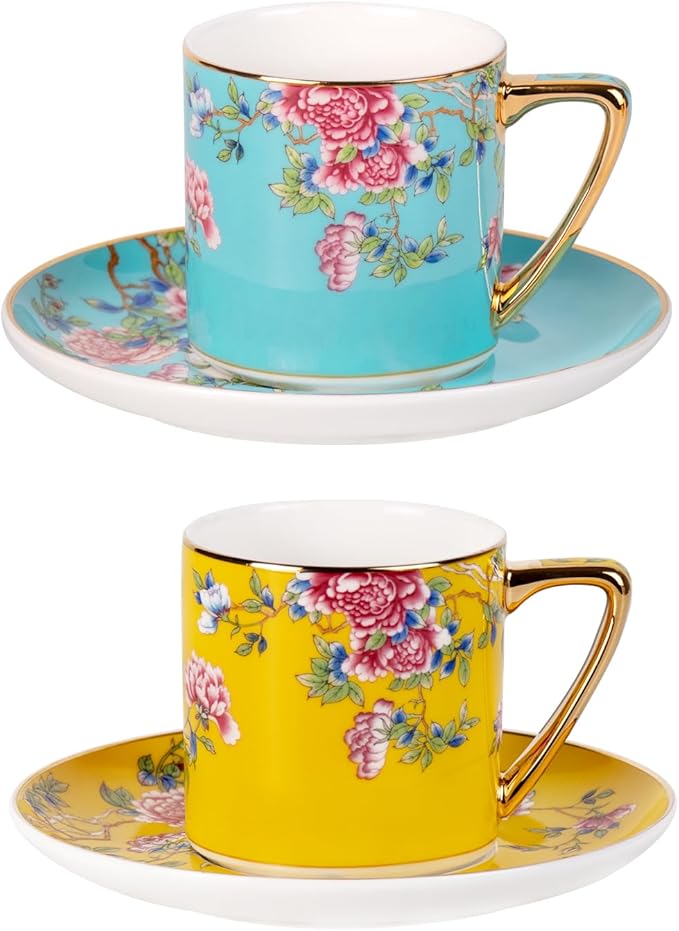 KAMMAK Tea Cups and Saucers Set of 2, Porcelain Coffee Cup with Saucer for Espresso, Cappuccino, 7.5oz Vintage Yellow and Blue Floral Ceramic Demitasse Mug for Home, Tea Party, Office