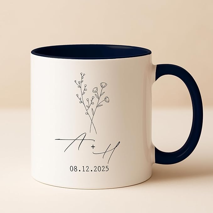 Personalized Mr and Mrs Coffee Mug Set – Custom Initials & Date Design with Minimal Floral Line Art – Wedding Gift for Couple, Engagement Keepsake, Anniversary Present Ceramic Cups