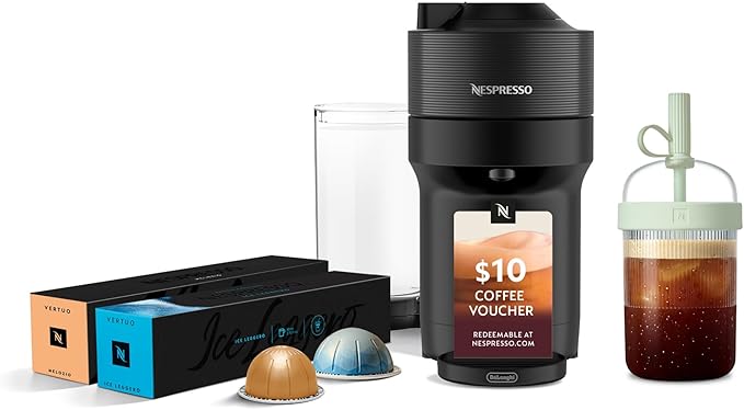 Nespresso Vertuo Pop+ Cold Value Added Bundle with Iced Coffee Tumbler by De'Longhi, Liquorice Black