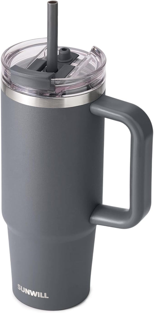 SUNWILL Travel Coffee Mug with Lid, 30 oz Tumbler with Handle and Straw Leak Proof, Stainless Steel Cup Insulated for Office & Camping, Cupholder Friendly, Powder Coated Charcoal