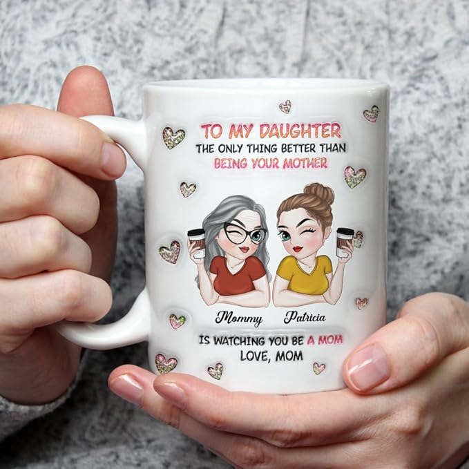 Wrappiness Daughter Mothers Day Personalized Gifts from Mom - To My Daughter Mug Custom Chibi Art and Name, Happy First Mothers Day Coffee Cup for Her - Watching You Be A Mom Gifts for New Mama
