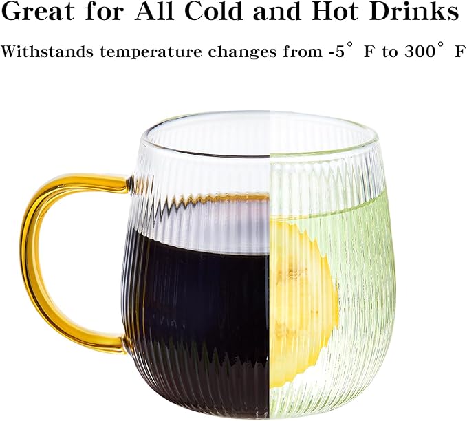 GLASKEY Borosilicate Glass Coffee Mugs Set of 2,12oz Glass Coffee Cups with Vertical Stripes Pattern,Clear Tea Cup for Tea,Coffee,Latte,Hot and Cold Beverage,Christmas Thanksgiving Gifts