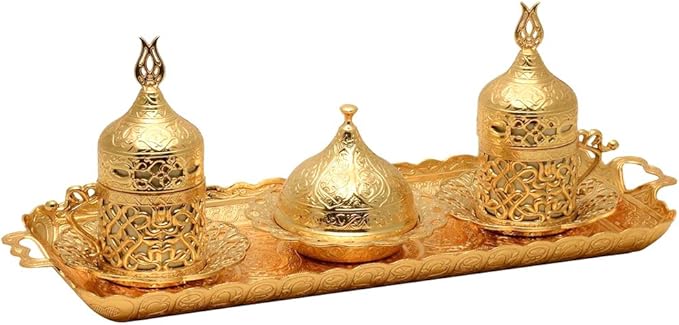 Alisveristime Turkish Coffee Set for Two - Authentic Ottoman Style Cups, Saucers, and Serving Tray with Lale Motifs (Acur) (Gold)