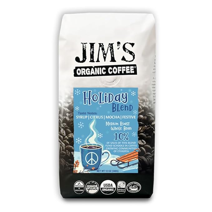 Jim’s Organic Coffee – Holiday Blend – Whole Bean Coffee, 12 oz Bag