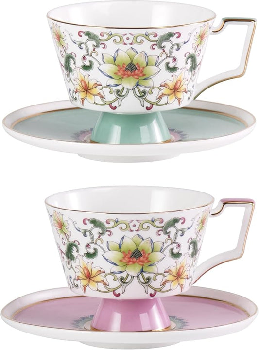 KAMMAK Ceramic Coffee Cups Saucers Set of 2, Porcelain Espresso Cups with Saucers, 8.12 oz Handcrafted Elegant Bone China Tea Cups, Lotus Floral Pattern Teacup for Party, Office, Women Gift