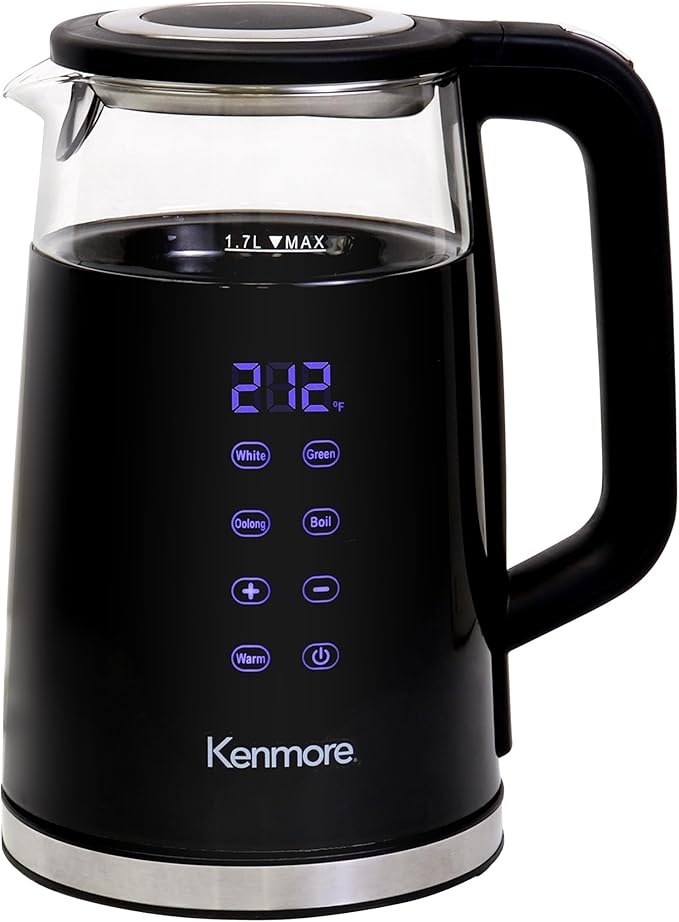 Kenmore Electric Kettle - Cordless Digital Calentador De Agua, Instant Pot Tea Kettle, Preset Temperature Control, Automatic Shut- Off, Cool Touch, Hot Water Boiling Heater, 1.7 Liter Black