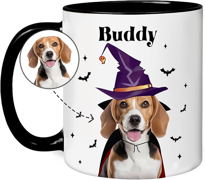 Personalized Halloween Dog Mug Custom Pet Photo Cup Halloween-Birthday-Christmas Gift For Dog Lovers From Pet Parents Add Name-Image Cute Witch Beagle Ceramic Coffee Mug