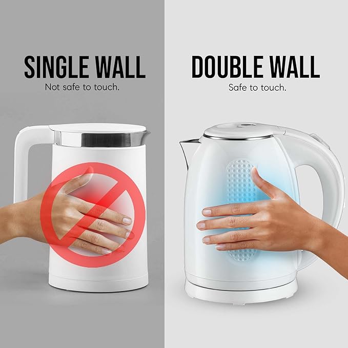 OVENTE 1.7L Double Wall Electric Tea Kettle, 1100W Water Boiler and Heater with Cool-Touch Exterior, Stainless Steel Insulated Interior, Auto Shut-Off, Boil-Dry Protection & Locking Lid, White KD64W