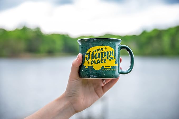 Camco Life is Better at The Campsite Ceramic Coffee Mug - Microwave and Dishwasher Safe - Features Green Background with Retro RV My Happy Place Design - Coffee Cup Holds 14oz. (53471)