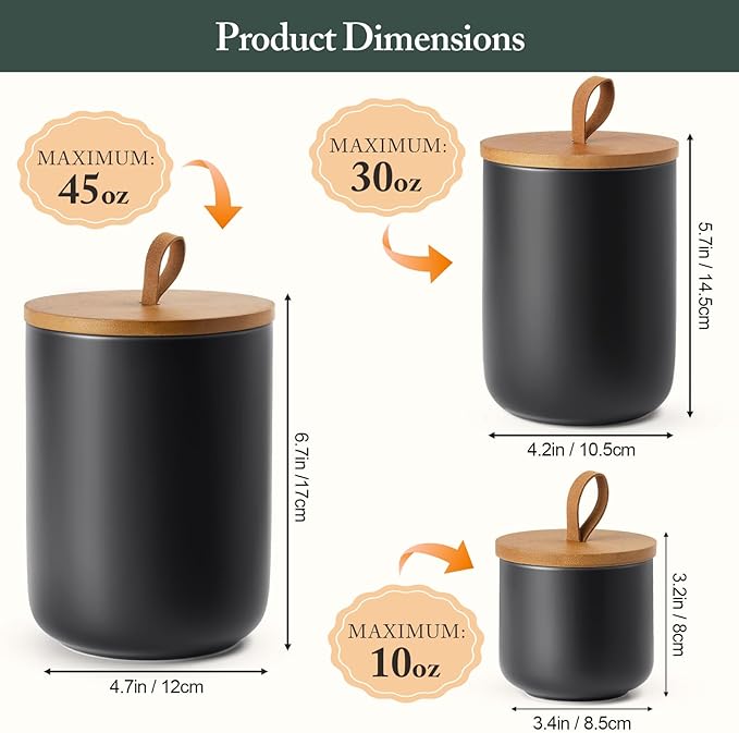 Black Canisters Sets for The Kitchen, Airtight Kitchen Canisters for Countertop, Kitchen Canisters Set of 3 with Top Handle, Modern Ceramic Jar with Wooden Lid for Coffee Flour Cookie Nuts