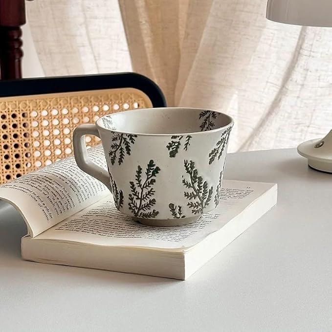 Coffee Mug 4 with Gold Spoon, 11 oz Porcelain Mug, Ancient Style Hand-painted Mug for Men Women, Dishwasher Microwave Safe W006-Green Leaf