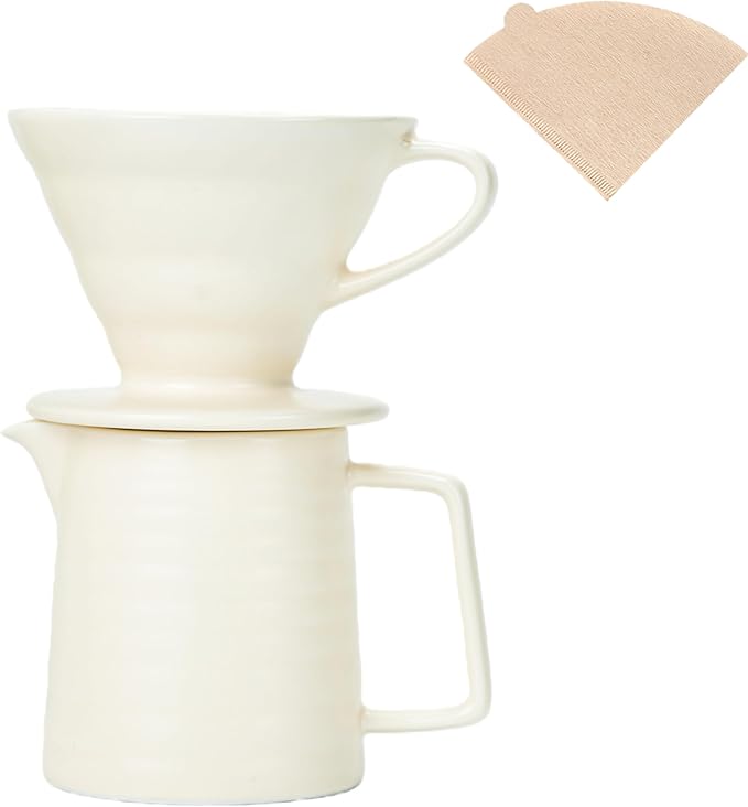 Pour Over Coffee Maker Set,Ceramic Coffee Maker With 40 pcs Paper Filter，15oz/450ml Pour Over Coffee Dripper (White)