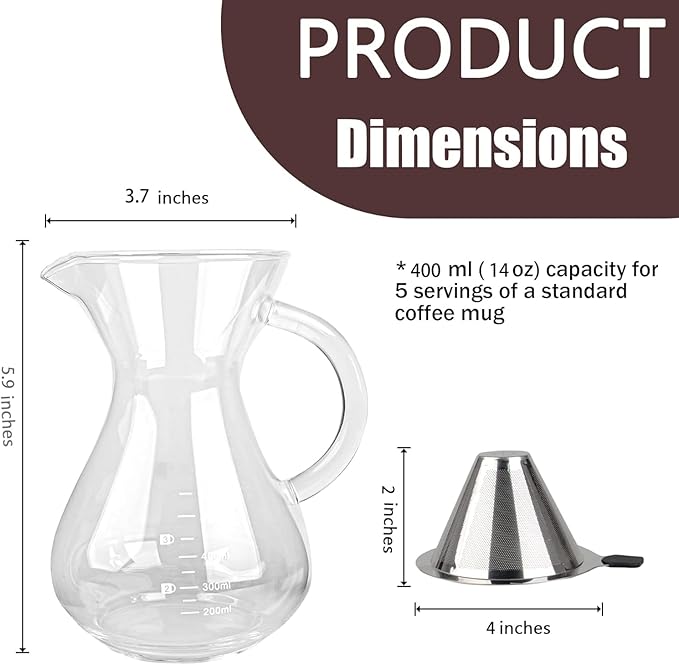 T-mark Pour Over Coffee Maker with Reusable Double-layer Stainless Steel Filter, 400ml/14oz BPA-Free Glass Coffee Carafe, Glass Coffee Maker, Coffee Dripper Brewer