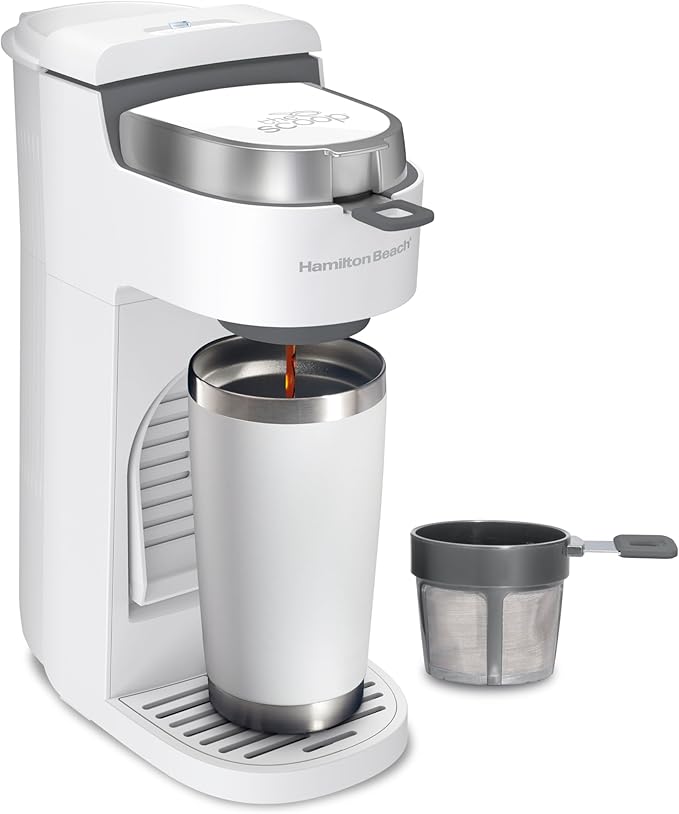 Hamilton Beach 47621 The Scoop Single Serve Coffee Maker & Fast Grounds Brewer for 8-14oz. Cups, Brews in Minutes, Next Gen, White